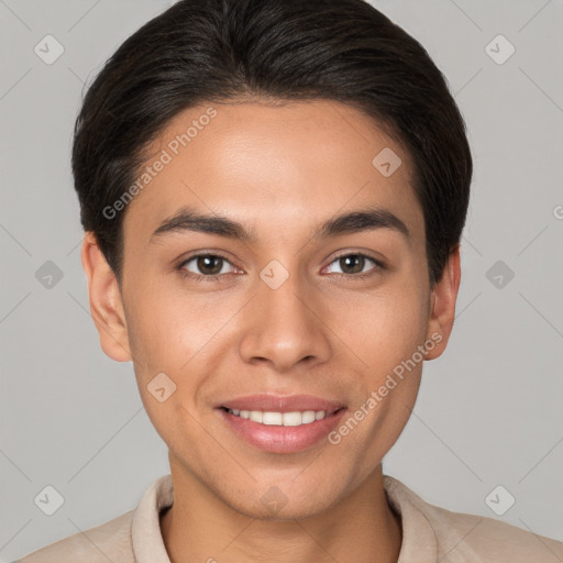 Joyful white young-adult female with short  brown hair and brown eyes