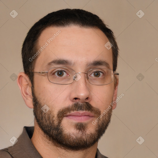 Neutral white young-adult male with short  brown hair and brown eyes