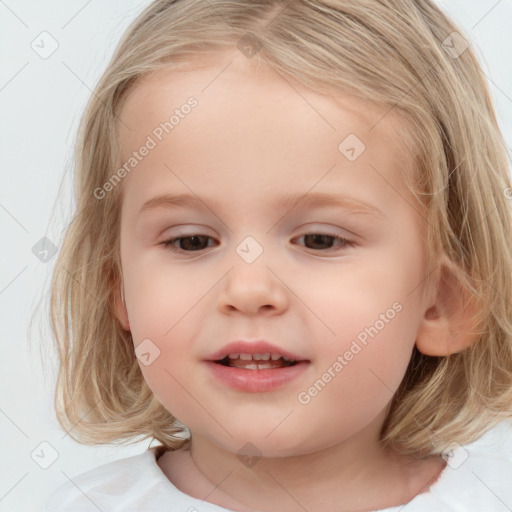 Joyful white child female with medium  brown hair and brown eyes