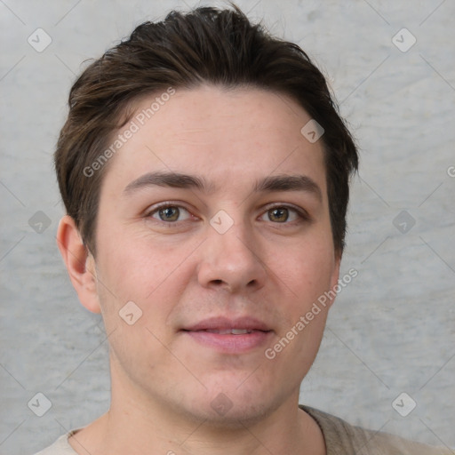 Neutral white young-adult male with short  brown hair and brown eyes