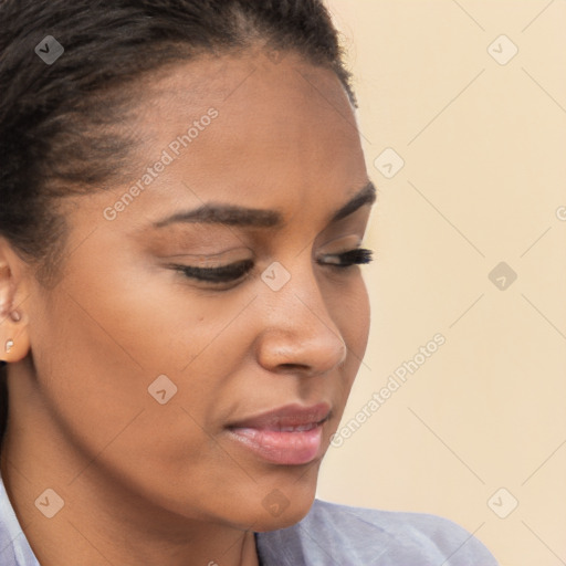 Neutral white young-adult female with short  brown hair and brown eyes