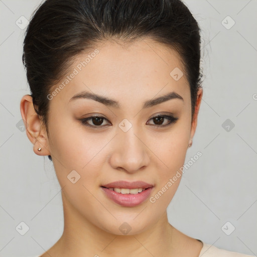 Joyful latino young-adult female with short  brown hair and brown eyes