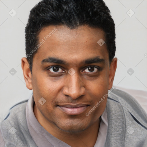 Joyful black young-adult male with short  brown hair and brown eyes