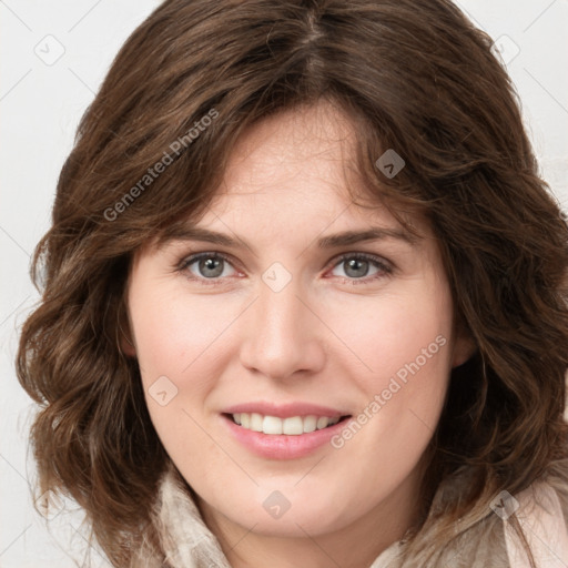 Joyful white young-adult female with medium  brown hair and green eyes