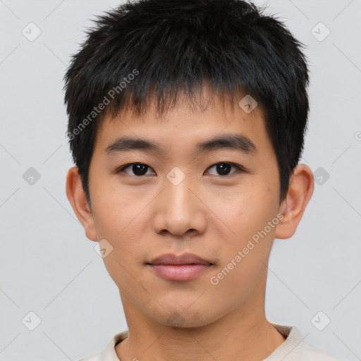 Neutral asian young-adult male with short  black hair and brown eyes