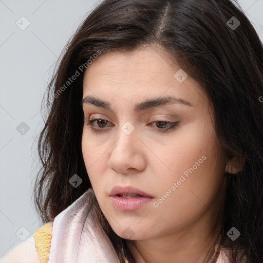 Neutral white young-adult female with long  brown hair and brown eyes