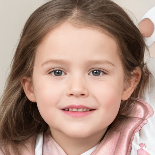 Joyful white child female with medium  brown hair and grey eyes