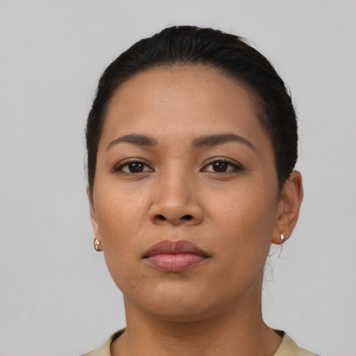 Neutral asian young-adult female with short  black hair and brown eyes