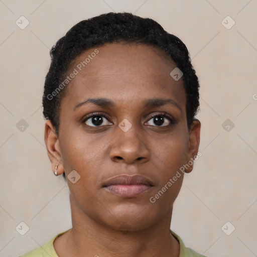 Neutral black young-adult female with short  black hair and brown eyes