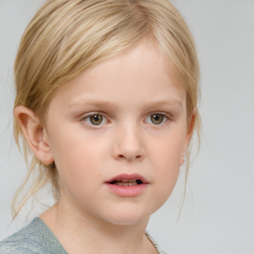 Neutral white child female with medium  brown hair and blue eyes