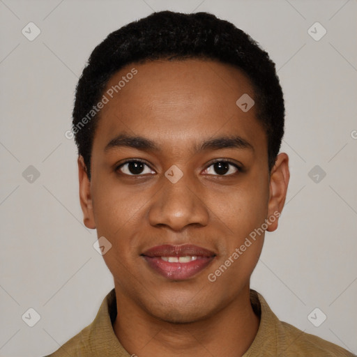Joyful black young-adult male with short  black hair and brown eyes