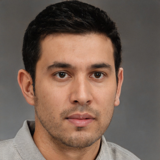 Neutral asian young-adult male with short  black hair and brown eyes