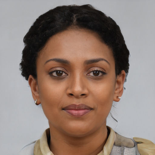 Neutral latino young-adult female with short  black hair and brown eyes