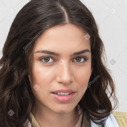 Joyful white young-adult female with long  brown hair and brown eyes