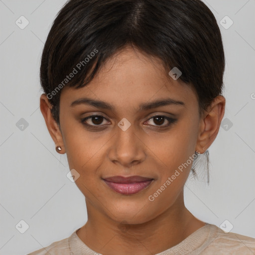 Joyful white young-adult female with short  brown hair and brown eyes