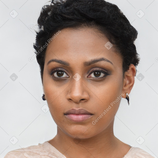 Neutral black young-adult female with short  black hair and brown eyes