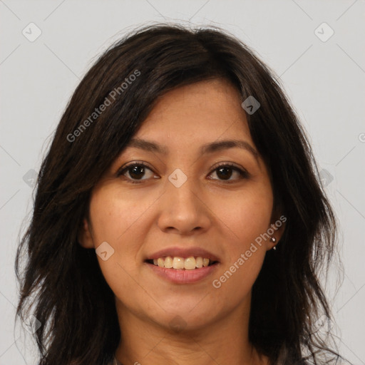 Joyful white young-adult female with long  brown hair and brown eyes