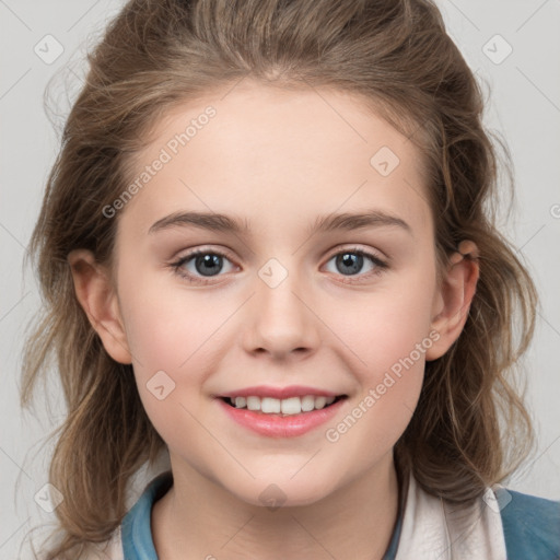 Joyful white child female with medium  brown hair and grey eyes