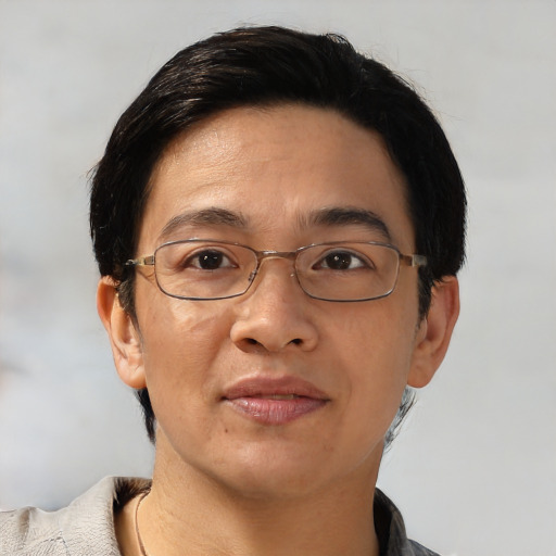 Joyful asian adult female with short  black hair and brown eyes