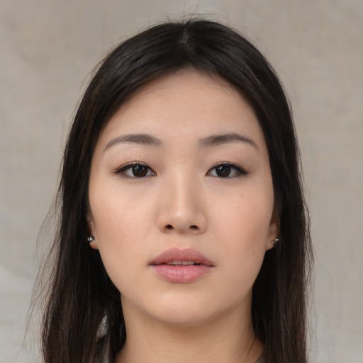 Neutral asian young-adult female with long  brown hair and brown eyes