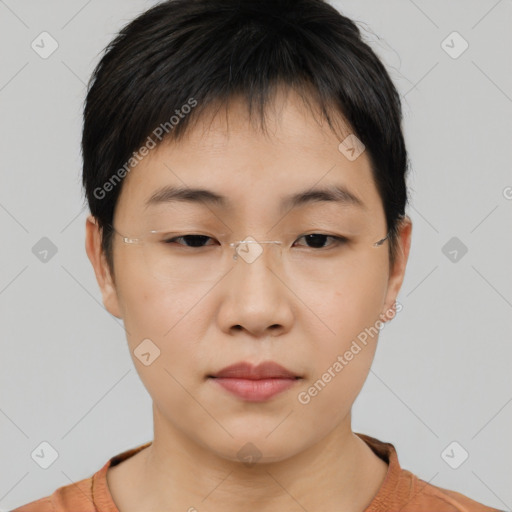 Neutral asian young-adult female with short  brown hair and brown eyes