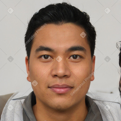 Neutral asian young-adult male with short  black hair and brown eyes