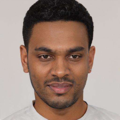 Neutral black young-adult male with short  black hair and brown eyes