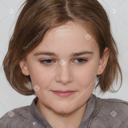 Joyful white child female with medium  brown hair and brown eyes