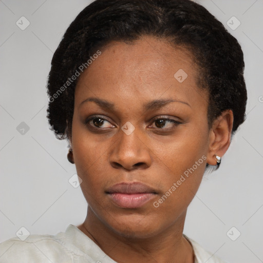 Neutral black young-adult female with short  black hair and brown eyes