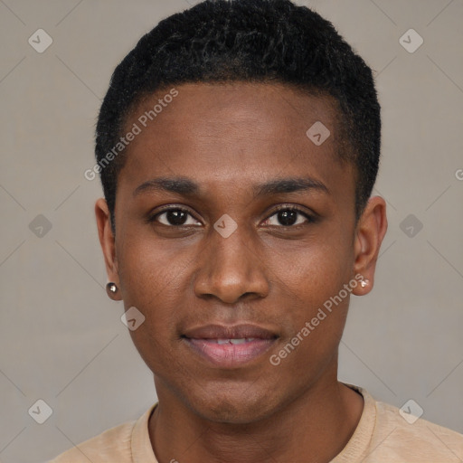 Joyful black young-adult male with short  black hair and brown eyes