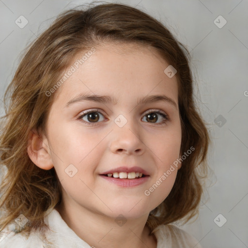 Joyful white child female with medium  brown hair and brown eyes