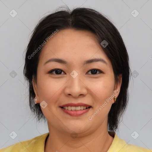 Joyful asian young-adult female with medium  brown hair and brown eyes