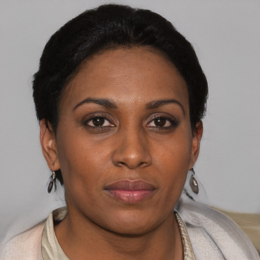 Joyful black young-adult female with short  black hair and brown eyes