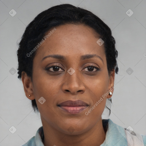 Joyful black young-adult female with medium  black hair and brown eyes