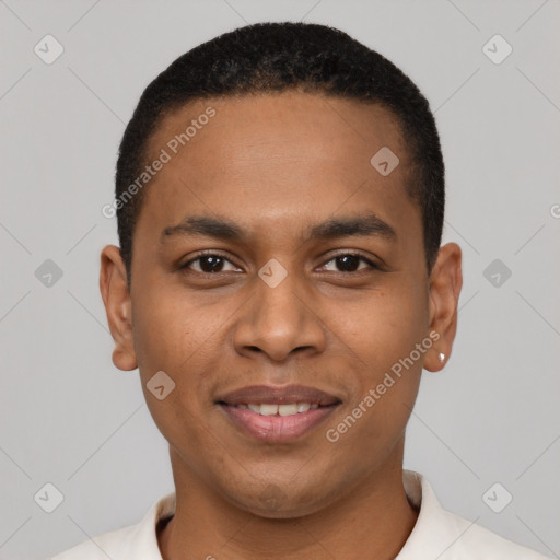 Joyful black young-adult male with short  black hair and brown eyes