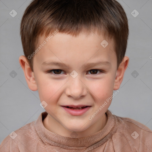 Joyful white child male with short  brown hair and brown eyes