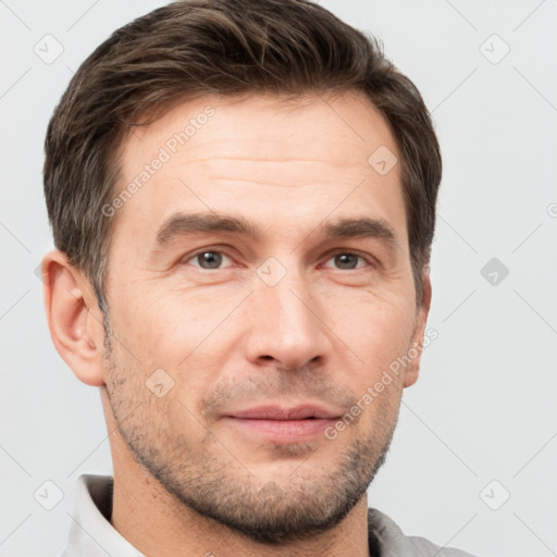 Neutral white adult male with short  brown hair and brown eyes