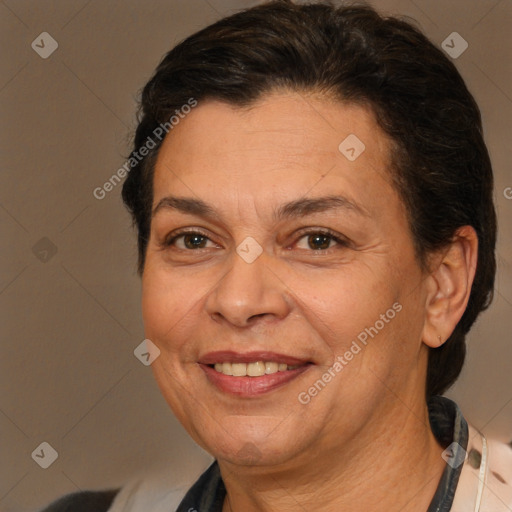 Joyful white adult female with short  brown hair and brown eyes