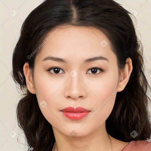 Neutral asian young-adult female with long  brown hair and brown eyes