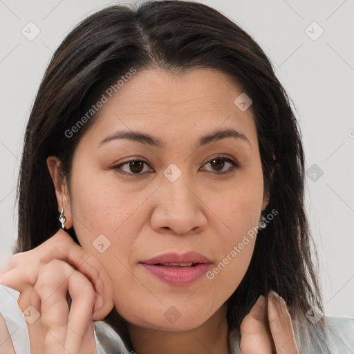 Joyful white young-adult female with medium  brown hair and brown eyes