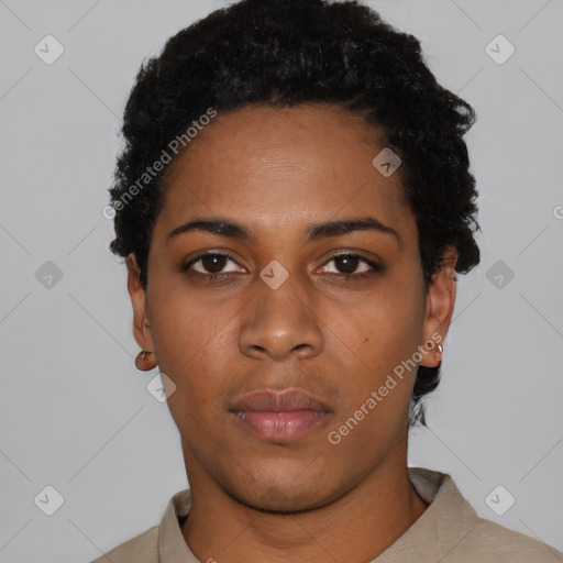 Neutral black young-adult female with short  black hair and brown eyes