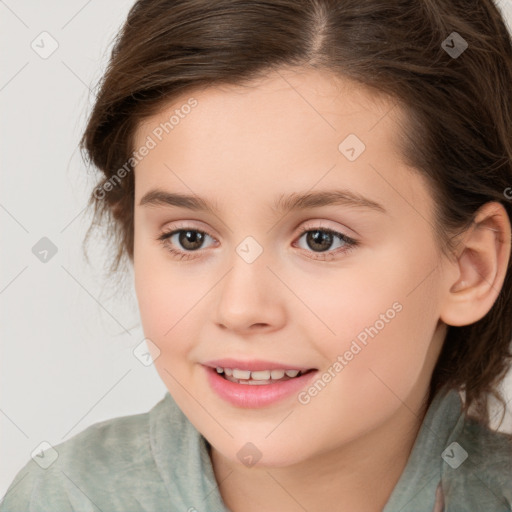 Joyful white child female with medium  brown hair and brown eyes