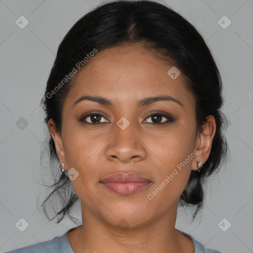 Joyful black young-adult female with medium  brown hair and brown eyes