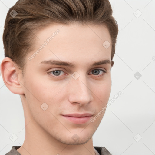 Neutral white young-adult male with short  brown hair and grey eyes