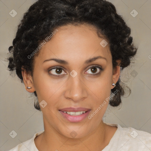 Joyful latino young-adult female with short  brown hair and brown eyes