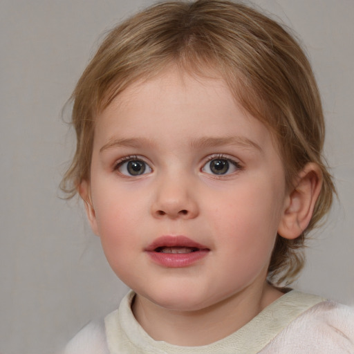 Neutral white child female with medium  brown hair and blue eyes