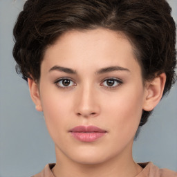 Neutral white young-adult female with short  brown hair and brown eyes