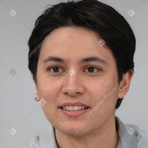 Joyful white adult female with medium  brown hair and brown eyes