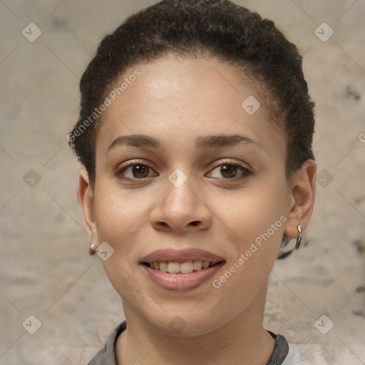 Joyful white young-adult female with short  brown hair and brown eyes