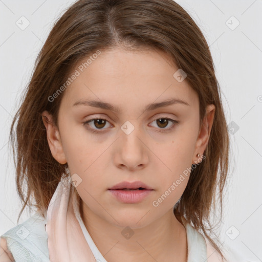 Neutral white young-adult female with medium  brown hair and brown eyes